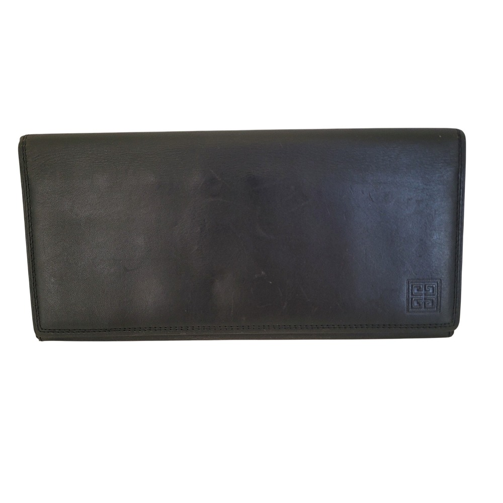 Givenchy Paris Vintage Black Leather Long Bifold Wallet 4G Logo Slim Mens